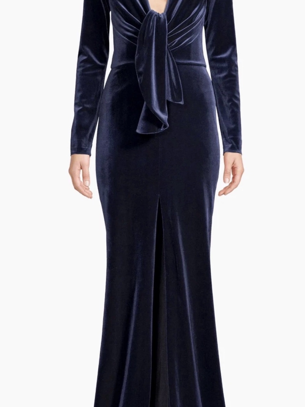 PatBO Midnight Blue Velvet Gown with Plunging Neckline and Front Slit